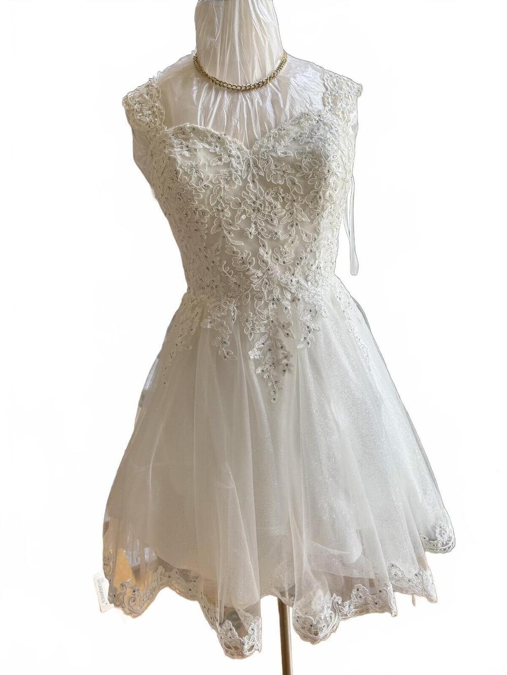 Let's White Lace Tulle Short Bridal Dress Size L